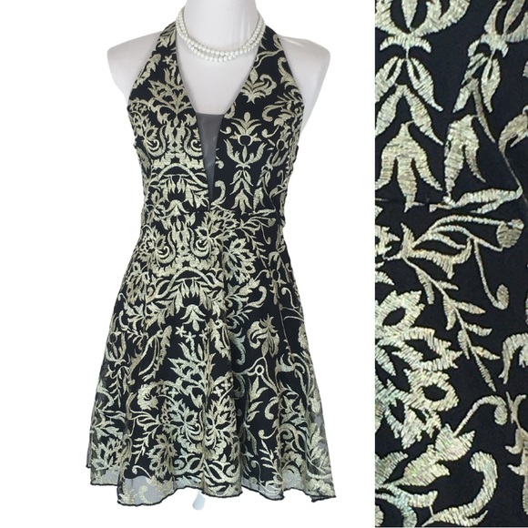 Windsor Dresses & Skirts - Windsor Halter Black Gold Embroider Open Back Fit n Flare Mini Dress sizE 3